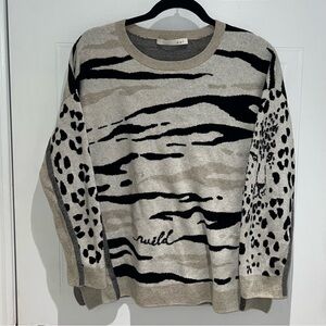 Animal Print Sweater With Rhinestones Long Sleeves Neutral Round Neckline